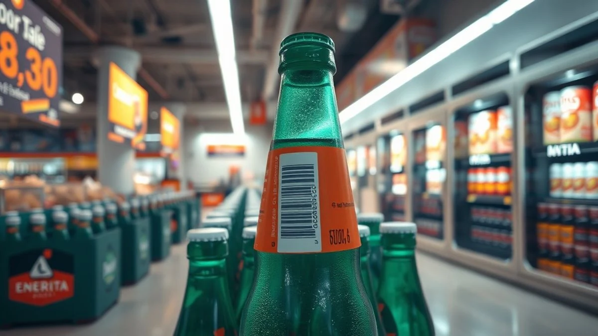 Imagen ilustrativa: latas de bebida energética genéricas en un supermercado con luz de atardecer