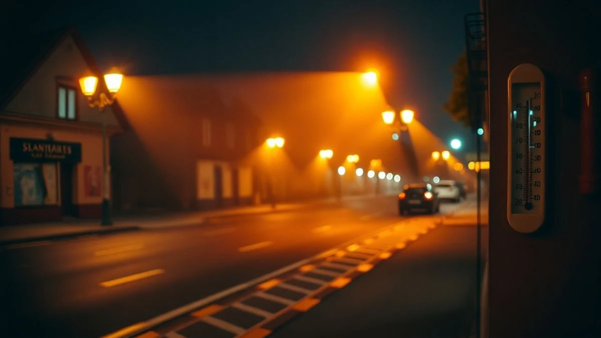 Calle vacía de Manacor de noche con farolas encendidas y un termómetro en la pared