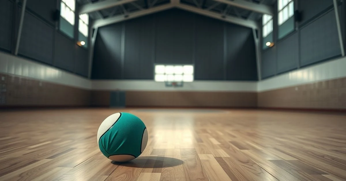 Balón de fútbol sala y camiseta verde en una pista vacía con luz natural