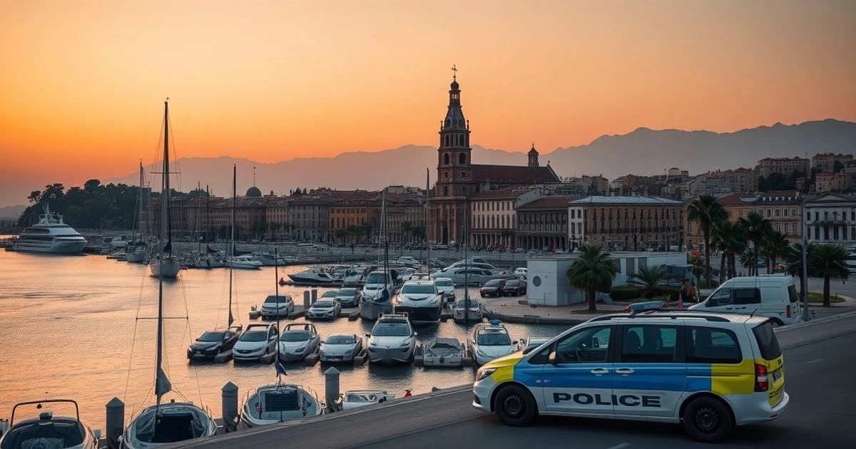 Vista aérea del puerto de Palma de Mallorca al atardecer, con un coche de policía vacío en primer plano y la catedral al fondo