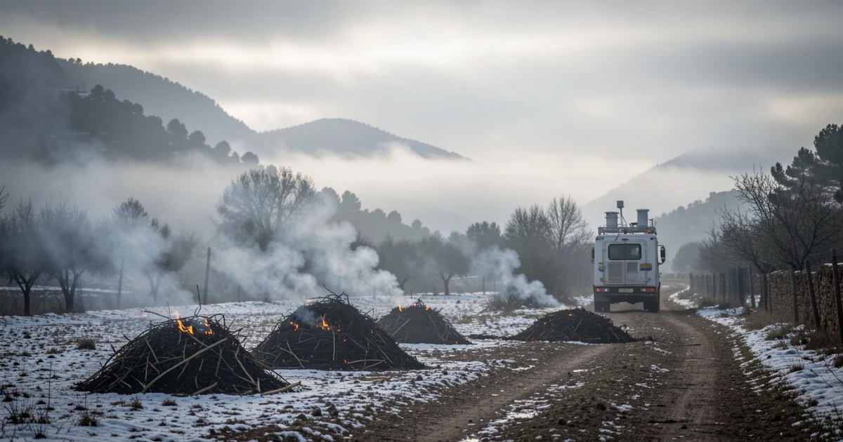 Unidad móvil de calidad del aire en un valle con humo de quemas agrícolas estancado por inversión térmica