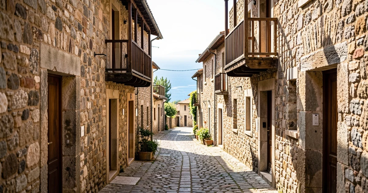 Calle empedrada de Valldemossa con casas de piedra y vistas al mar