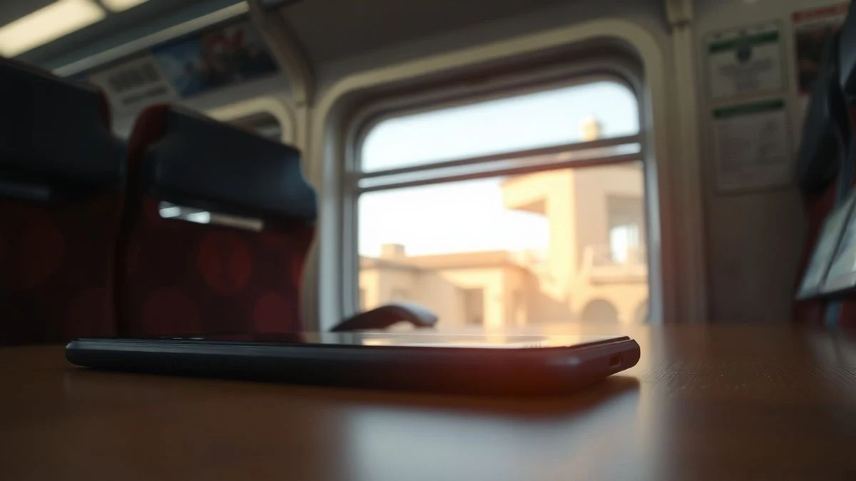 Imagen ilustrativa: un teléfono móvil sobre un asiento de tren, con la pantalla encendida y el interior desenfocado al fondo.