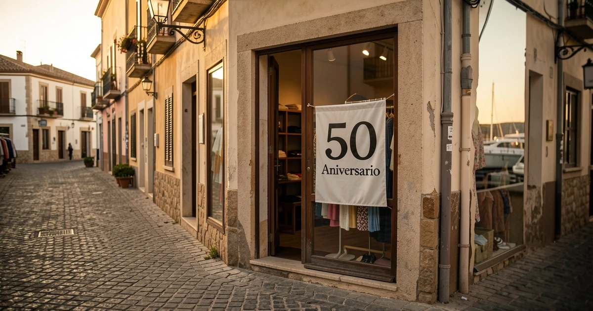 Fachada de una tienda de moda con decoración de aniversario en un puerto mediterráneo