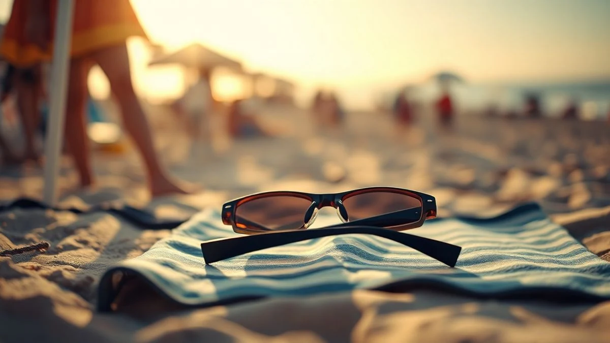 Imagen ilustrativa: gafas de eclipse solar sobre una toalla en la arena de una playa al atardecer, con el mar de fondo