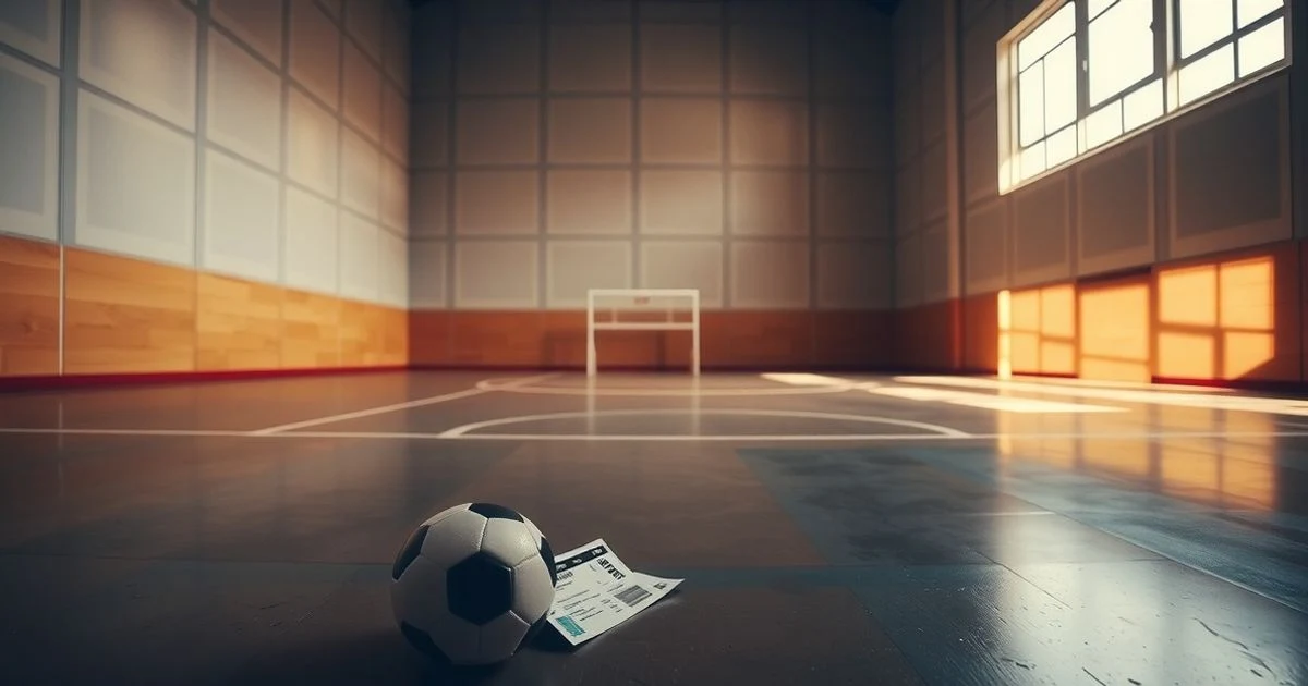 Pista de fútbol sala vacía en Son Moix con un balón y un abono en el suelo