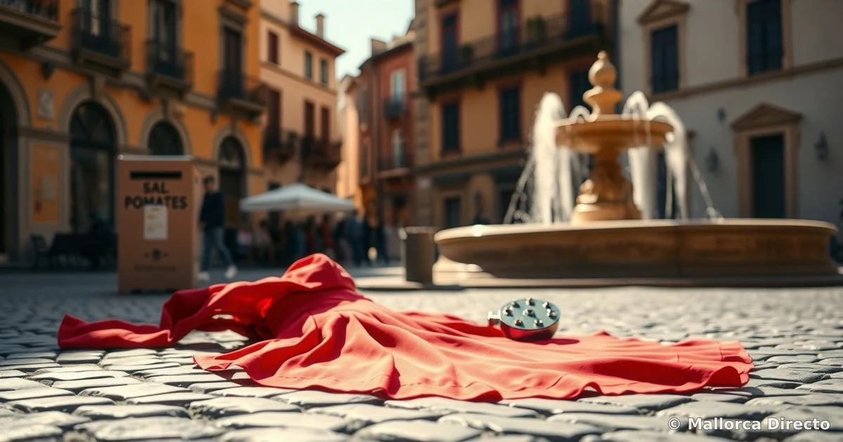 Vestido de flamenca rojo y castañuelas sobre adoquines en una plaza soleada, con una hucha de donaciones al lado