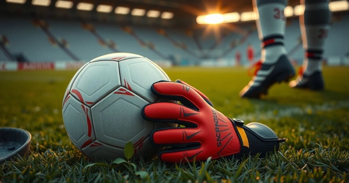 Football on the grass with a goalkeeper's glove and a player's boot in the background, sunset light.