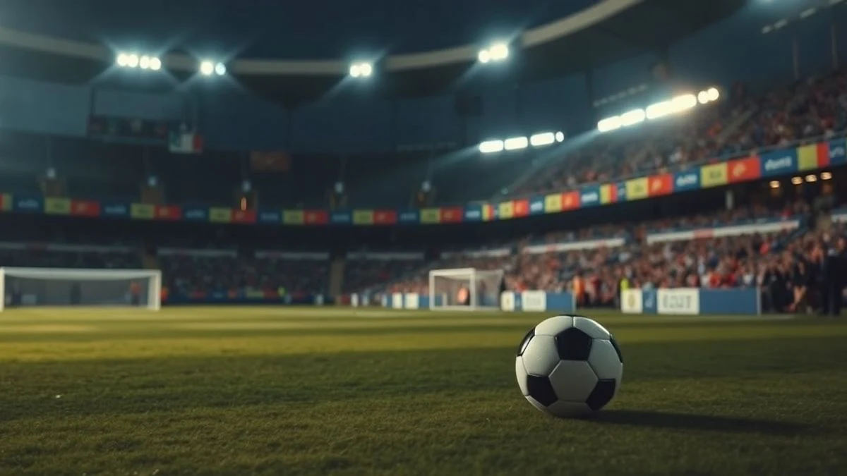 Imagen ilustrativa: un balón de fútbol sobre el césped de un estadio iluminado al atardecer, con las gradas de fondo desenfocadas.