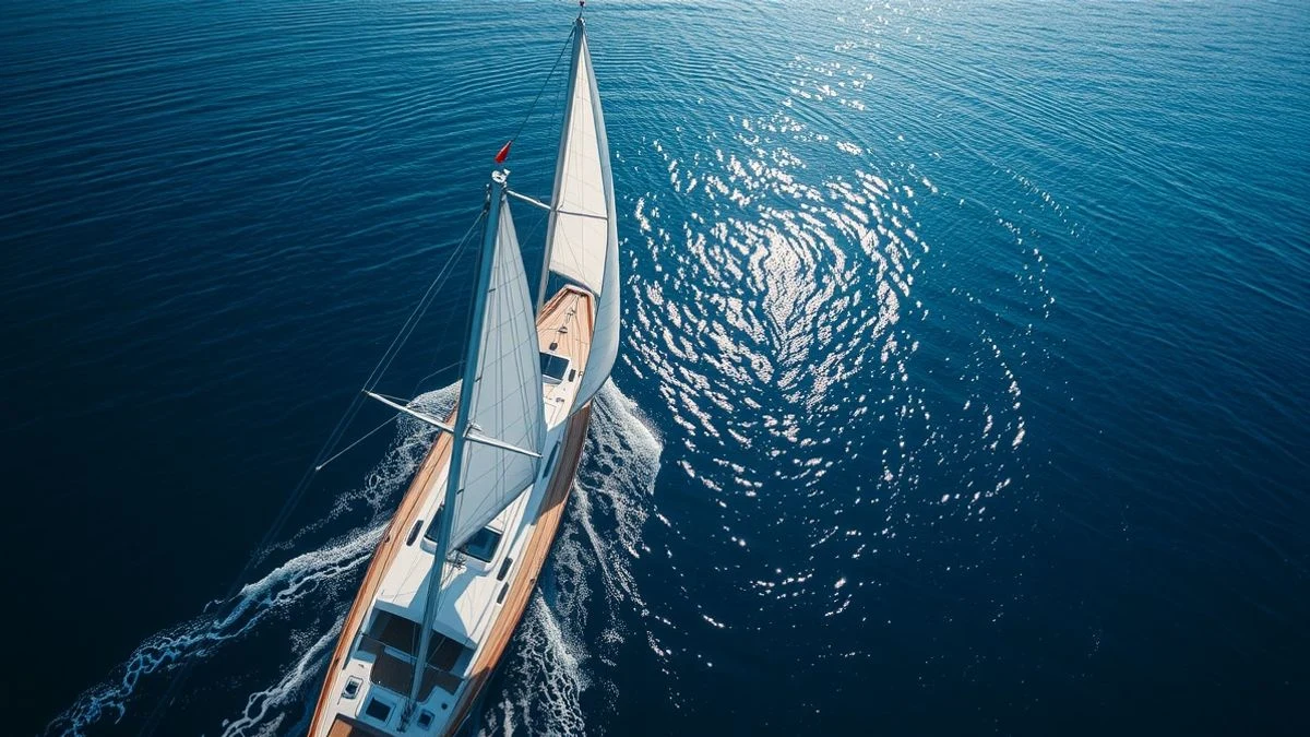 Imagen ilustrativa: vista cenital de un velero de competición navegando en aguas azules con estela blanca.