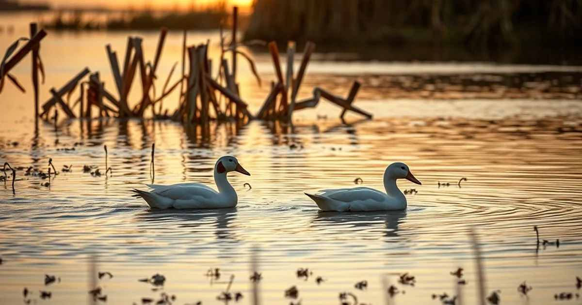 Wetland at sunset with reeds and water, two white ducks with brown bands swimming