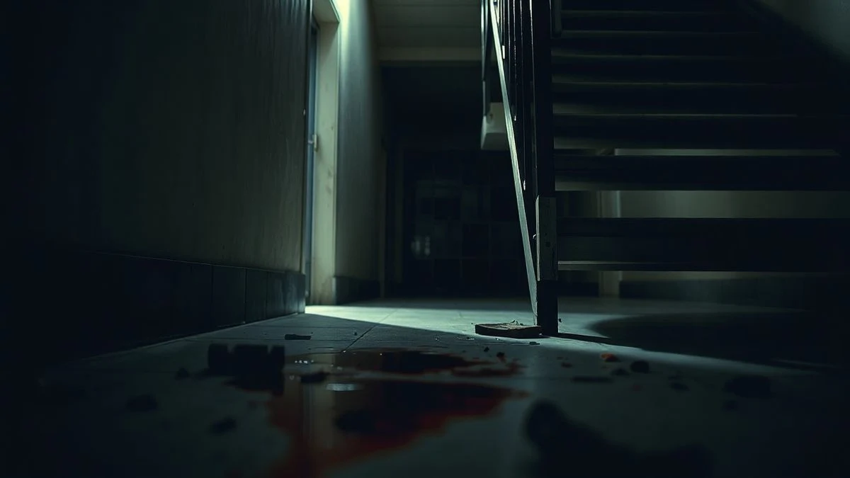 Imagen ilustrativa: un rellano de escaleras con manchas de sangre y restos de un forcejeo.