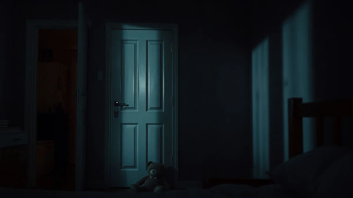 Imagen ilustrativa: una habitación infantil en penumbra con una puerta entreabierta y una sombra proyectada en la pared.