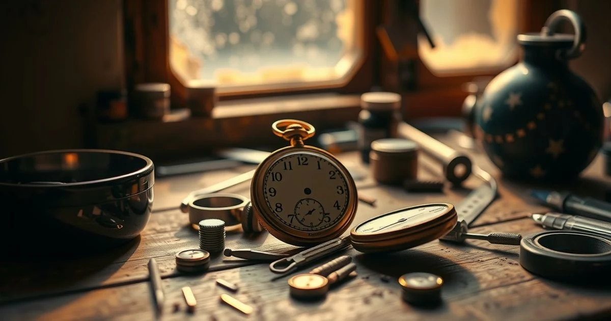 Primer plano de un reloj de bolsillo antiguo siendo reparado sobre una mesa de madera con herramientas