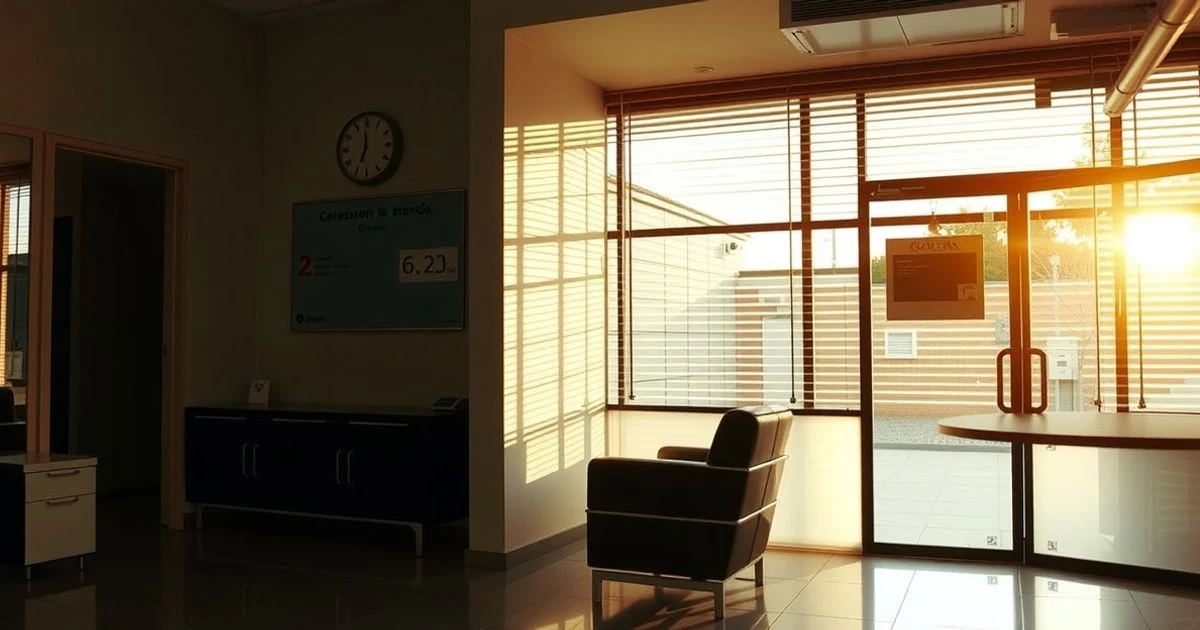 Interior vacío de una sucursal bancaria con un ordenador y una silla de oficina, luz de tarde entrando por las persianas