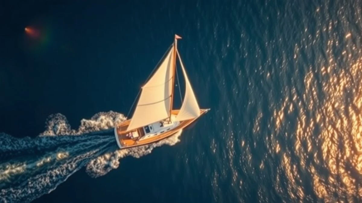 Imagen ilustrativa: vista cenital de un velero navegando en aguas azules del Mediterráneo al atardecer