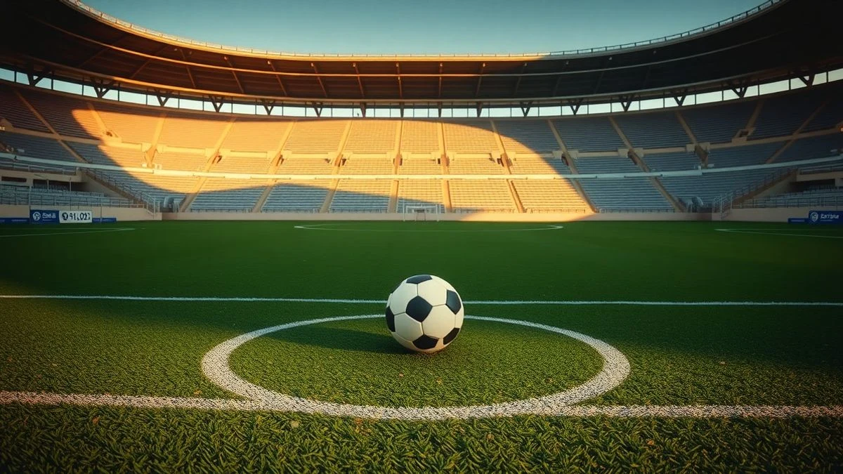 Imagen ilustrativa: un campo de fútbol vacío con un balón en el centro, al atardecer