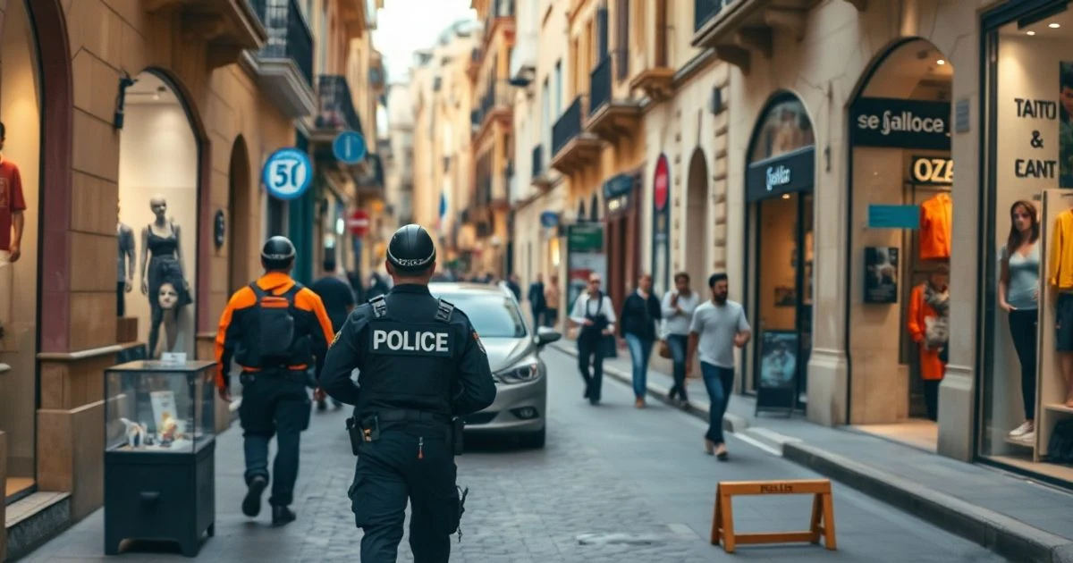 Calle comercial de Palma con una patrulla policial peatonal cerca de una tienda de ropa