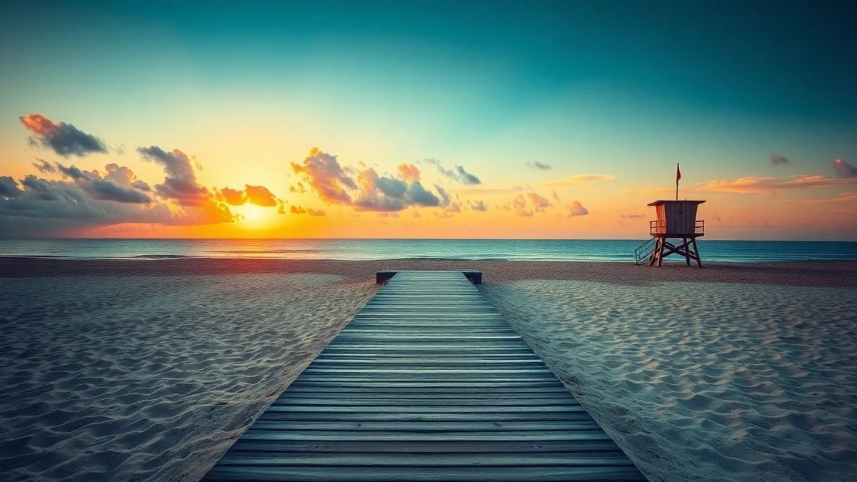 Imagen ilustrativa: pasarela de madera en una playa mediterránea con una torre de socorrismo al atardecer