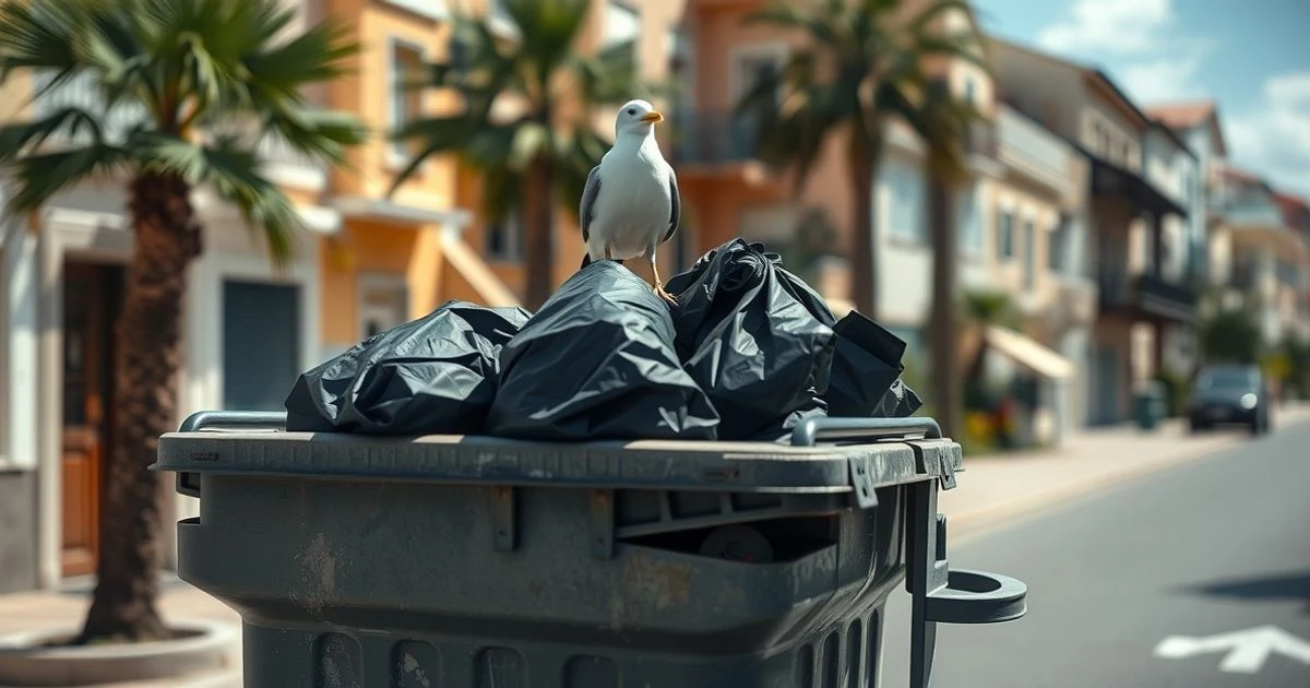 Contenedor de basura desbordado en una calle de Sóller con bolsas de basura acumuladas y una gaviota encima