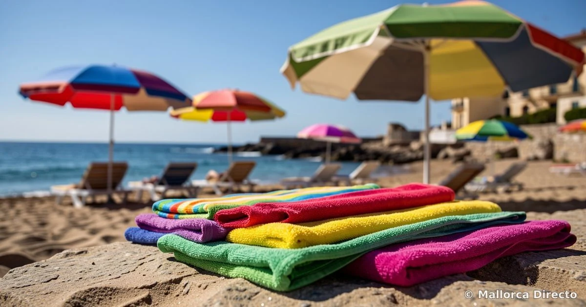 Aerial view of an outdoor pool with people swimming and colourful towels on a sunny day