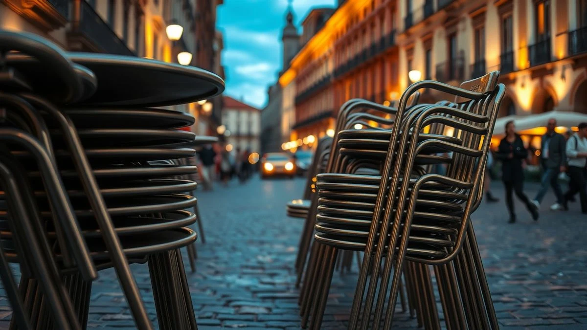 Imagen ilustrativa: sillas y mesas de terraza apiladas en una calle empedrada al atardecer, con un fondo desenfocado de edificios históricos.