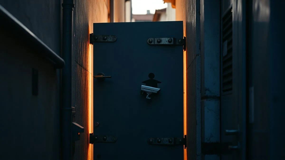 Imagen ilustrativa: puerta blindada con pestillos en un callejón al atardecer, con sombras alargadas y una cámara de vigilancia en la pared.