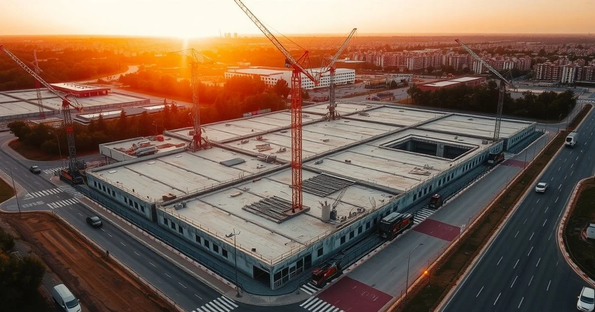 Vista aérea de la parcela de Son Busquets en Palma con obras paradas y grúas al atardecer