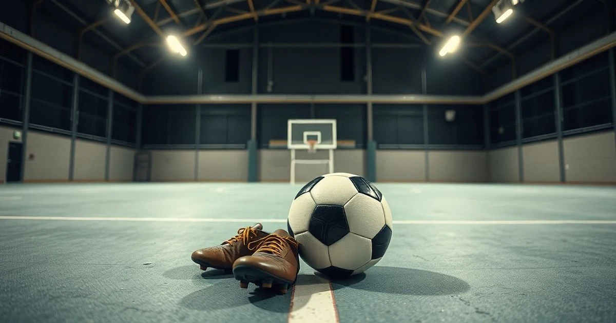 Balón de fútbol sala y botas sobre la pista de un polideportivo vacío con luz dramática