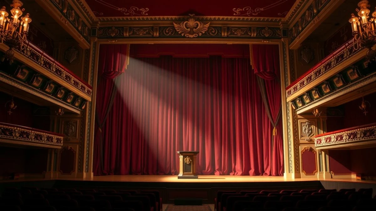 Imagen ilustrativa: un escenario teatral vacío con cortinas rojas y un haz de luz sobre un podio dorado.