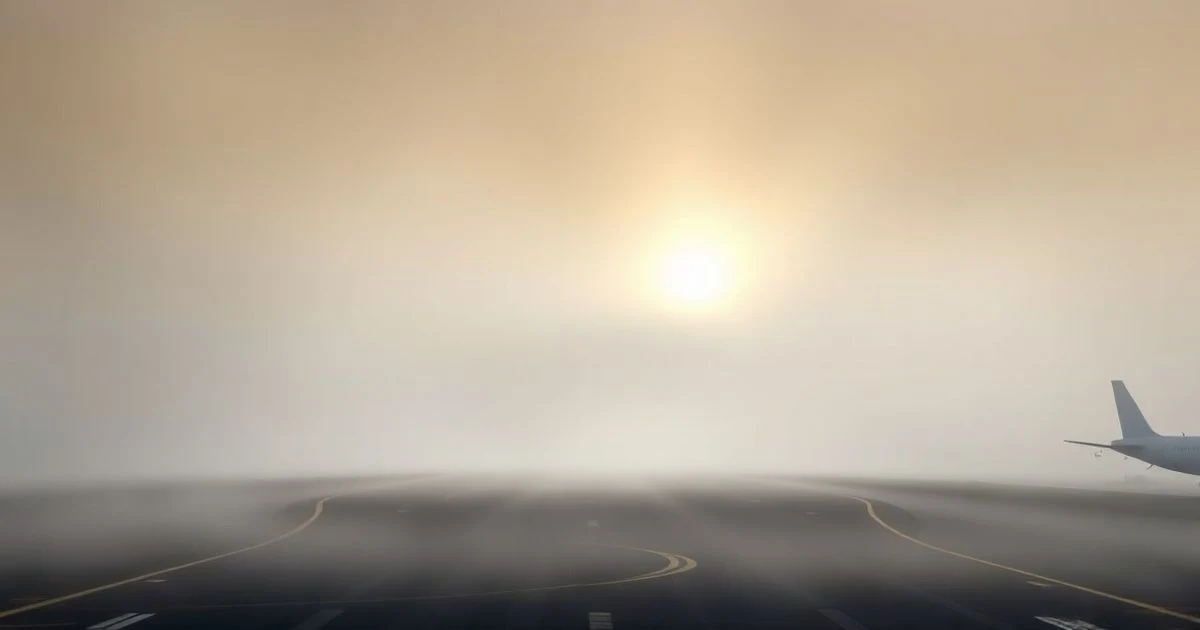 Pista del aeropuerto de Palma cubierta por una densa niebla matinal