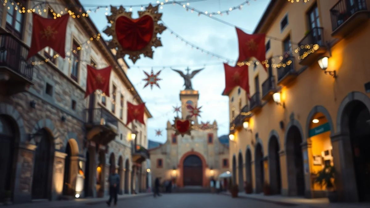 Imagen ilustrativa: plaza de un pueblo mediterráneo decorada con banderines y luces al atardecer.
