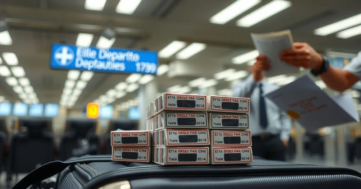 Cajetillas de tabaco sin precinta legal sobre una mesa de inspección en un aeropuerto