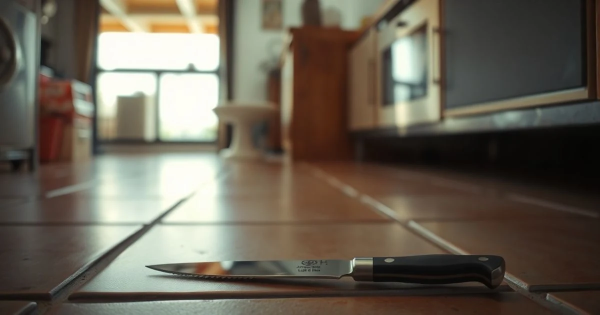 Un cuchillo de cocina en el suelo de una vivienda en Palma