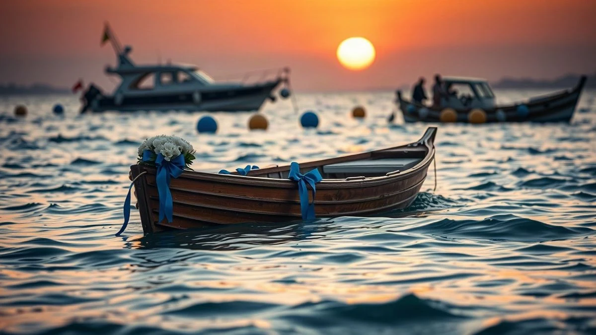 Imagen ilustrativa: una barca engalanada con flores blancas y cintas azules navegando en aguas tranquilas al atardecer, con otras embarcaciones difuminadas al fondo.