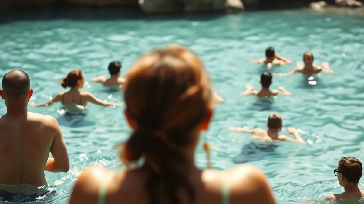 Imagen ilustrativa: grupo de personas nadando en una piscina natural, vistas de espaldas y desenfocadas.