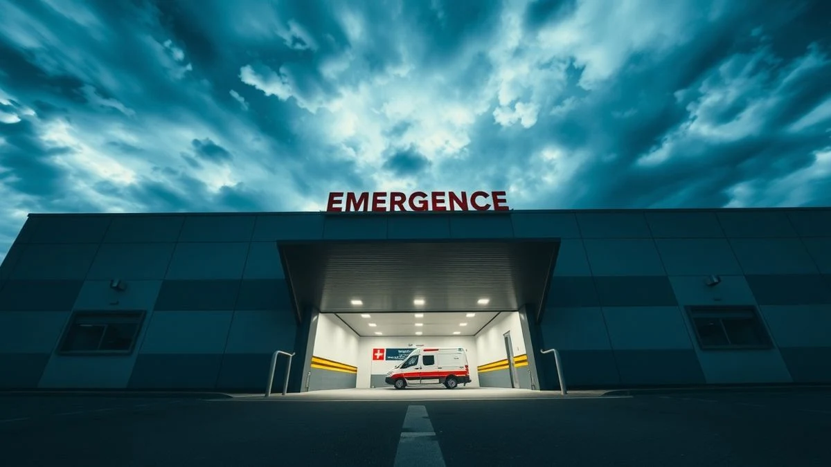 Entrada de urgencias de un hospital con cielo nublado de fondo, ángulo bajo