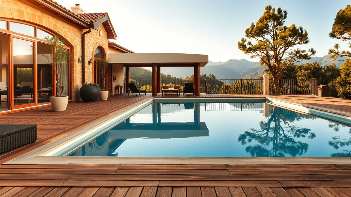 Vista de una casa mediterránea con piscina y montañas al fondo en Mallorca