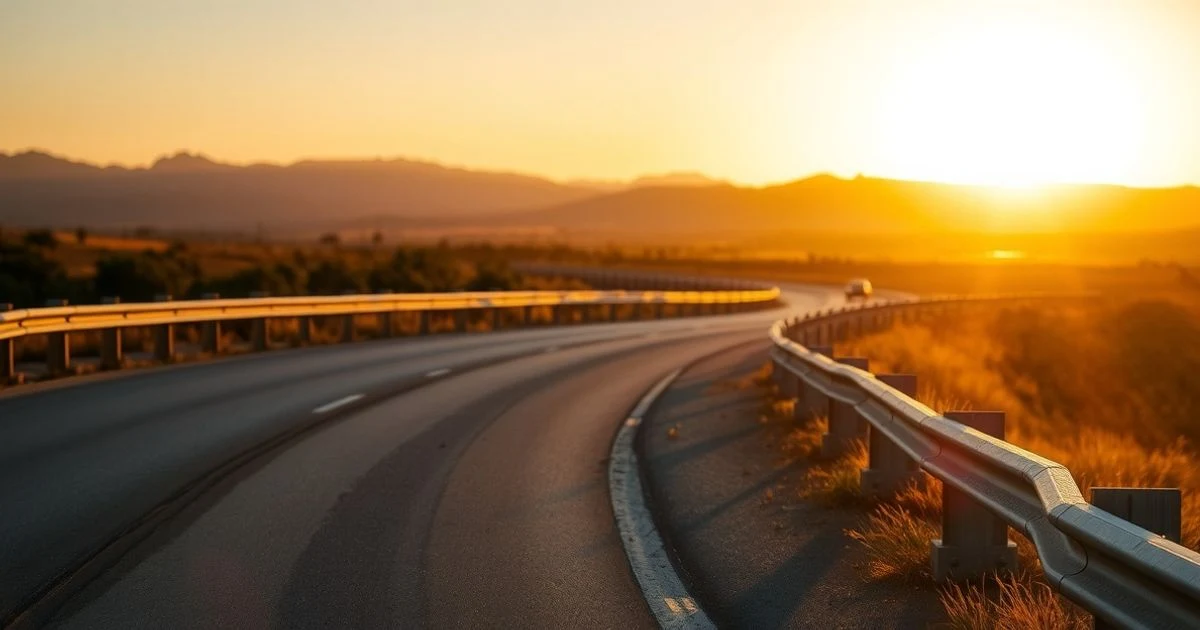 Rural road in Mallorca at sunset, with a curve and a metal fence, a car driving away in the background, blurred fields and hills
