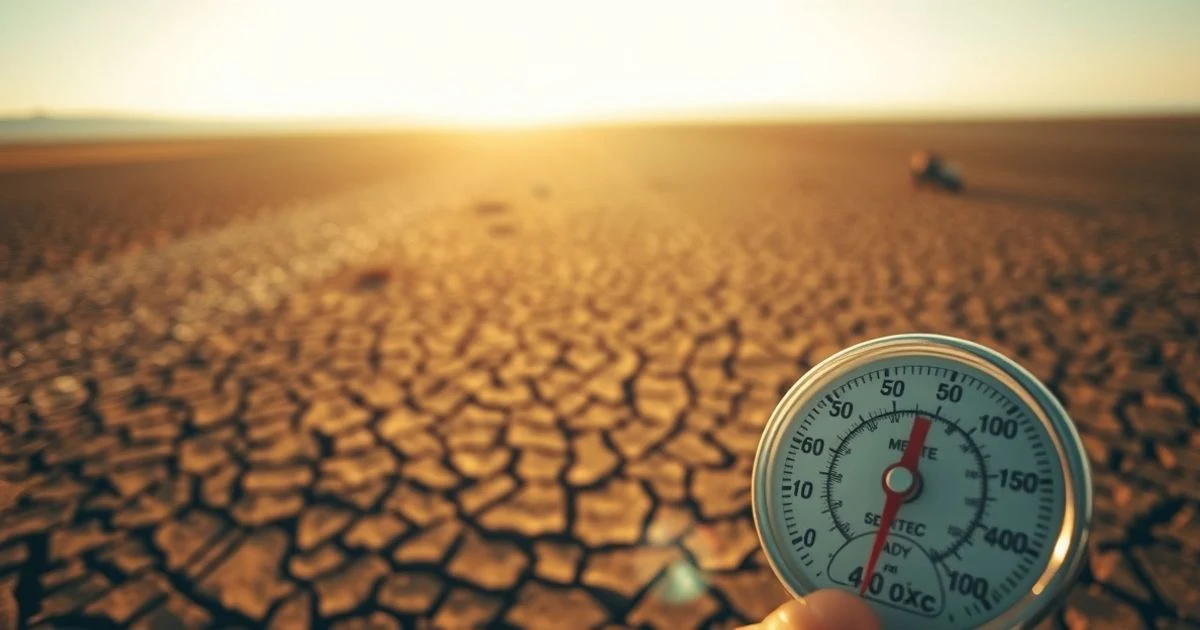 Termómetro marcando 40 grados en un campo seco y agrietado de Mallorca bajo el sol