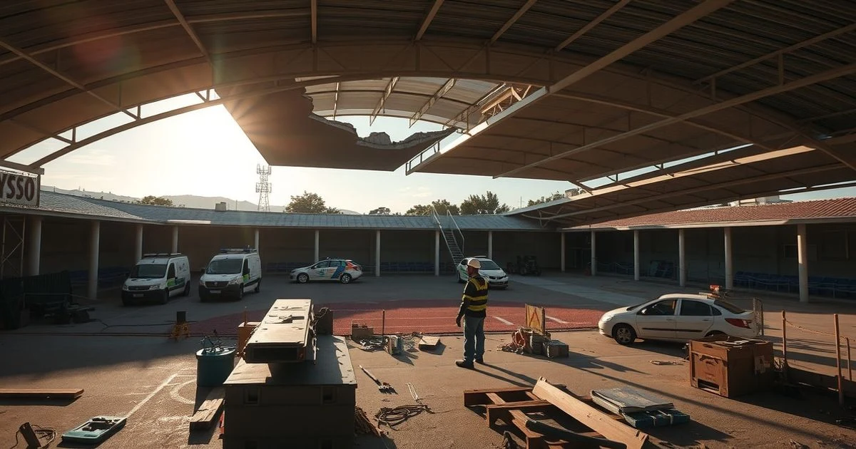 View of the roof of the Valldemossa sports centre with a hole and construction tools, with emergency vehicles in the background