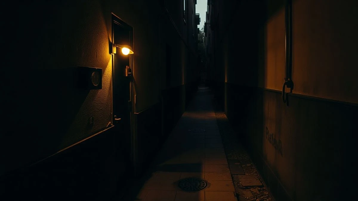 Imagen ilustrativa: callejón al atardecer con una puerta blindada y una cámara de seguridad en la pared.