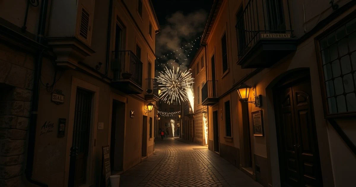Calle empedrada de un pueblo con luces festivas y humo de petardos durante la Nit de Foc
