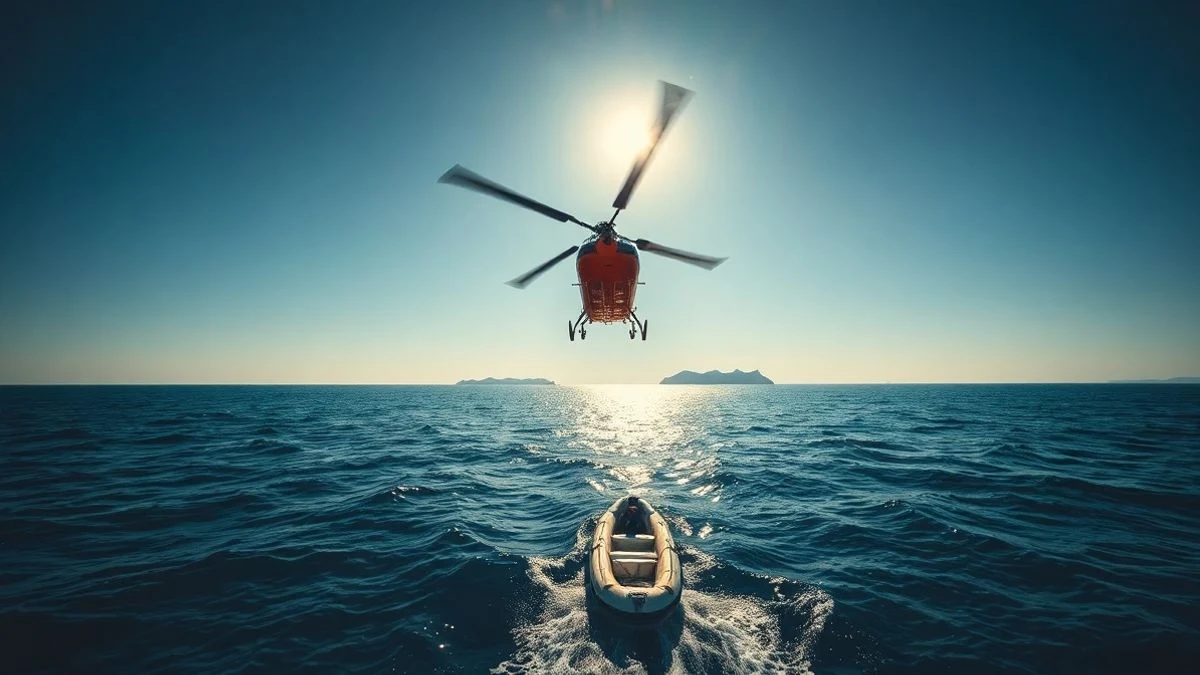 Imagen ilustrativa: un helicóptero de rescate sobrevuela el mar en busca de una embarcación a lo lejos, con la isla de Cabrera al fondo.