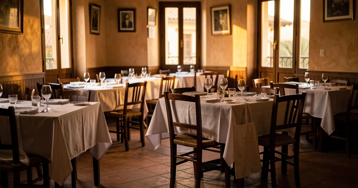 Interior vacío de un restaurante en Mallorca con mesas preparadas y luz de atardecer