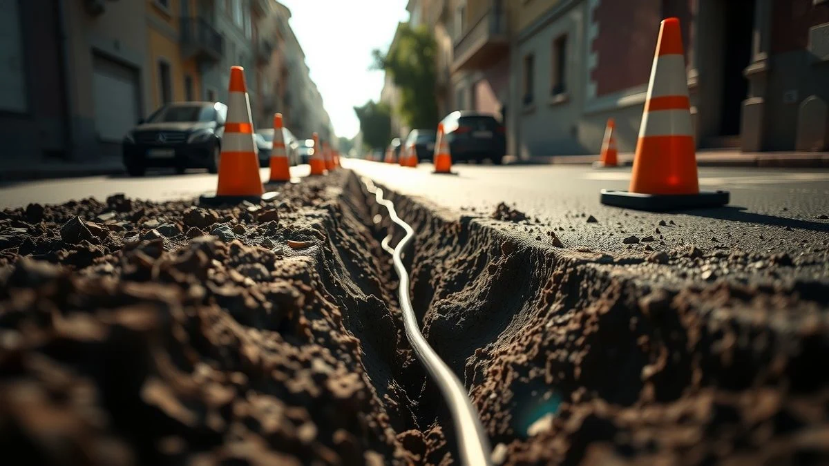 Zanja abierta en una calle residencial con conos de señalización y cable eléctrico visible