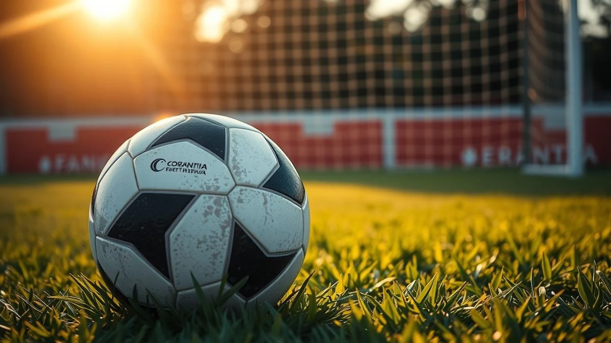 Primer plano de un balón de fútbol sobre el césped con una portería al fondo, luz de atardecer