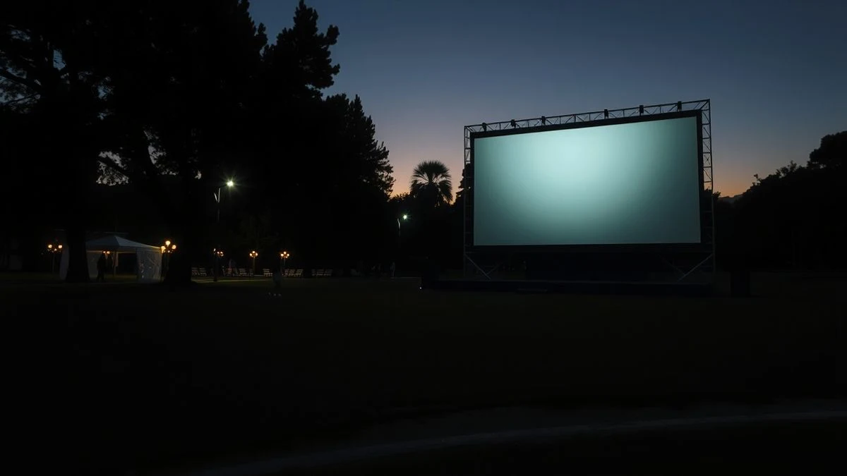 Escena de cine al aire libre en un parque al atardecer, con pantalla y público en silueta