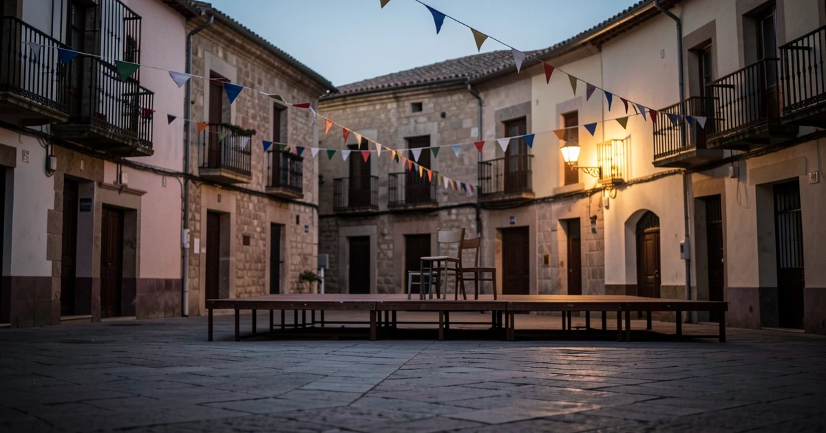 Plaza vacía con un cartel de fiesta cancelada al atardecer en Palma
