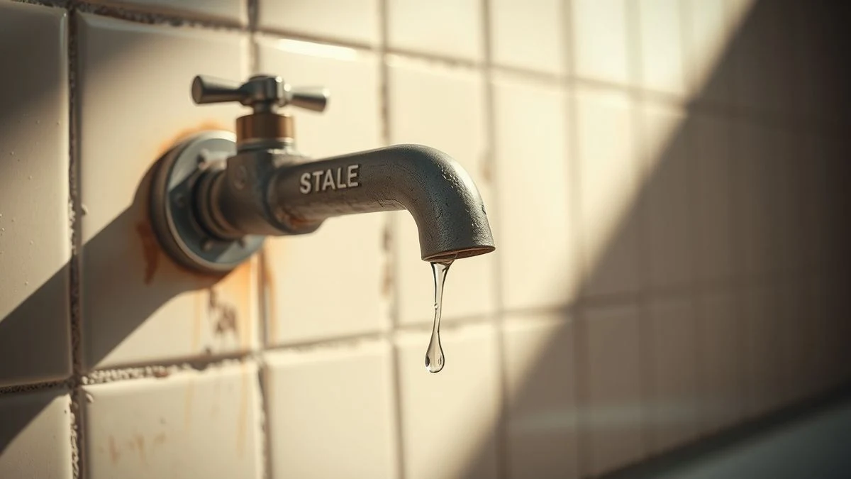 Grifo de agua oxidado con una gota de agua sucia, fondo de azulejos, luz dramática